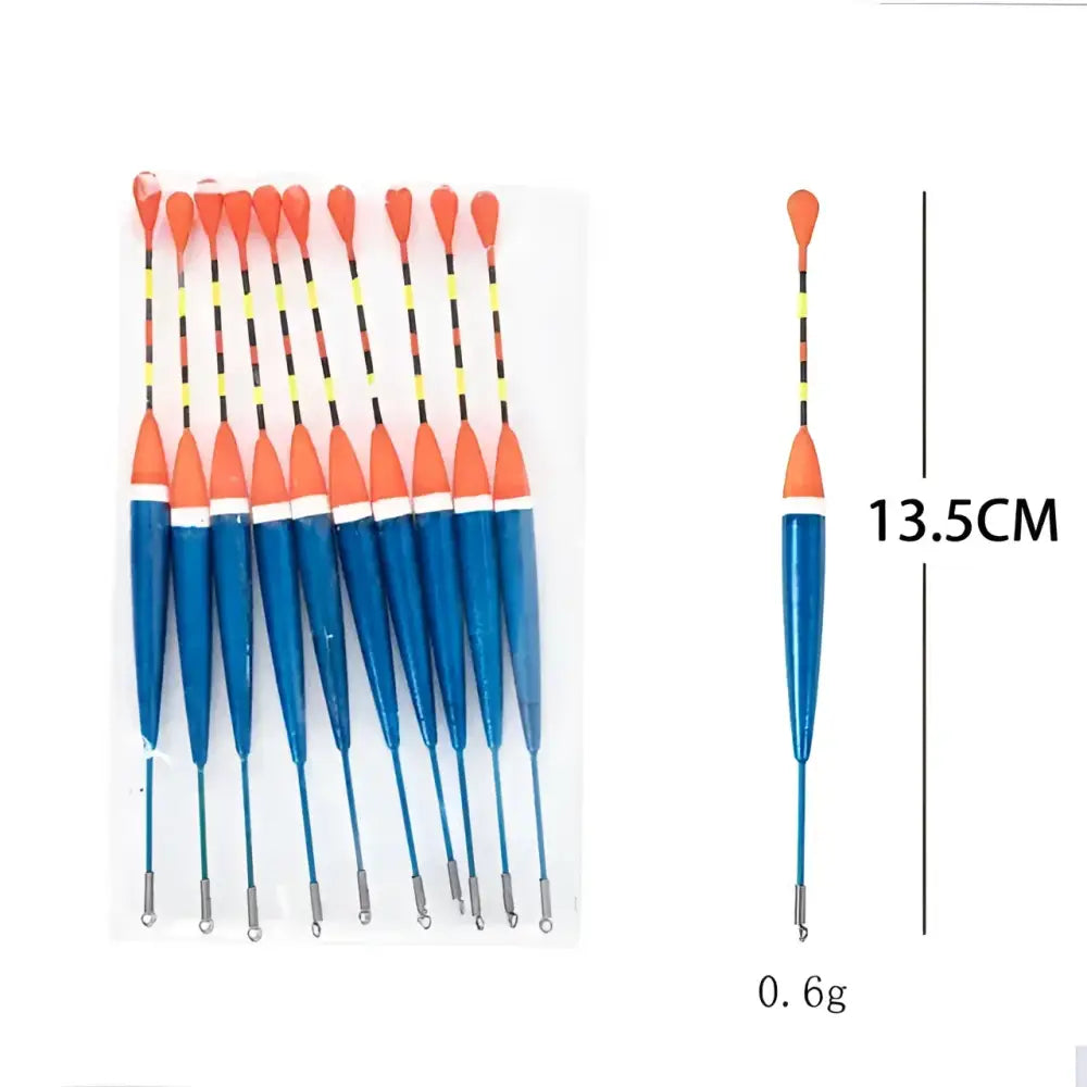 Pack of 10 affordable fishing bobbers in blue and orange, measuring 13.5CM, ideal for anglers