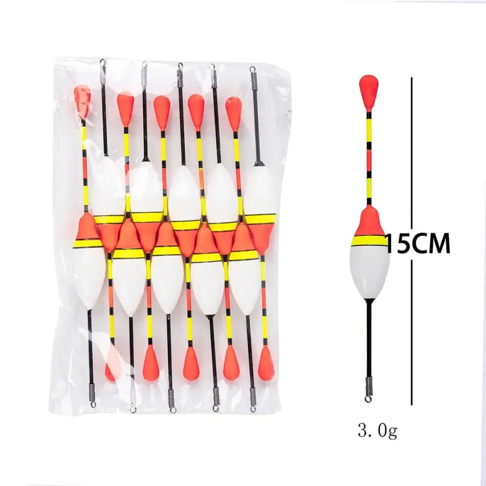 Set of 10 affordable fishing bobbers in red and white for enhanced visibility while fishing