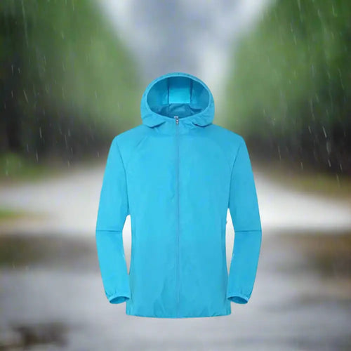 Light blue affordable rain gear jacket for fishing enthusiasts, ideal for wet weather conditions