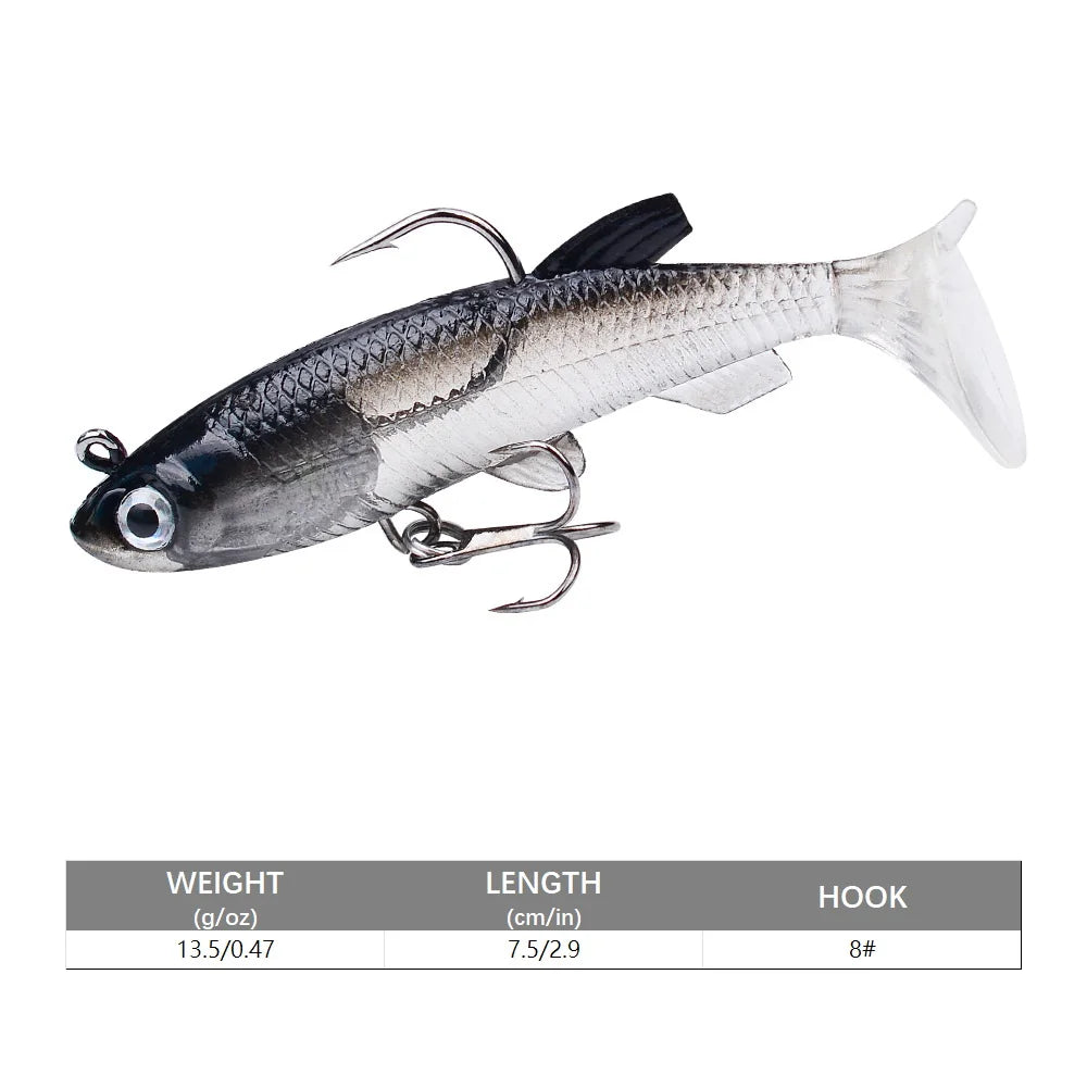 Realistic artificial swimbait for bass with a silver body and treble hooks for effective fishing