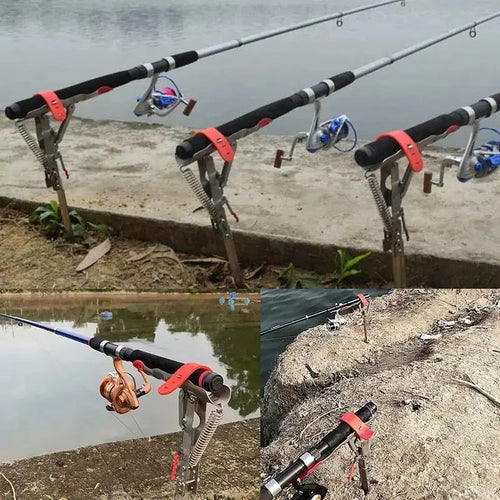 Automatic fishing rod holder set up at the lake for hands-free fishing convenience
