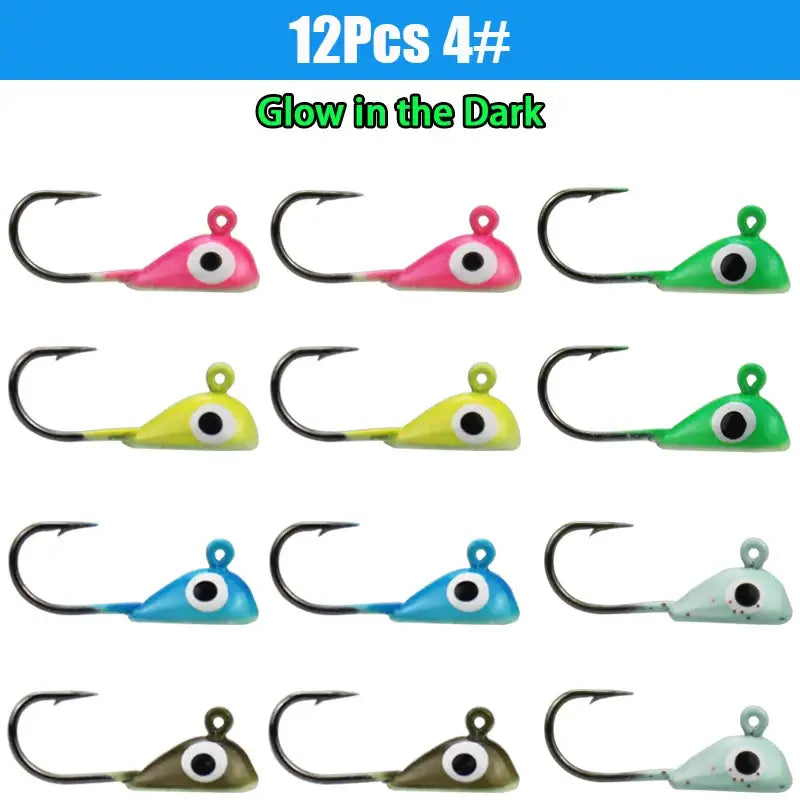 12 colorful ice fishing jigs in various glow-in-the-dark colors for winter fishing