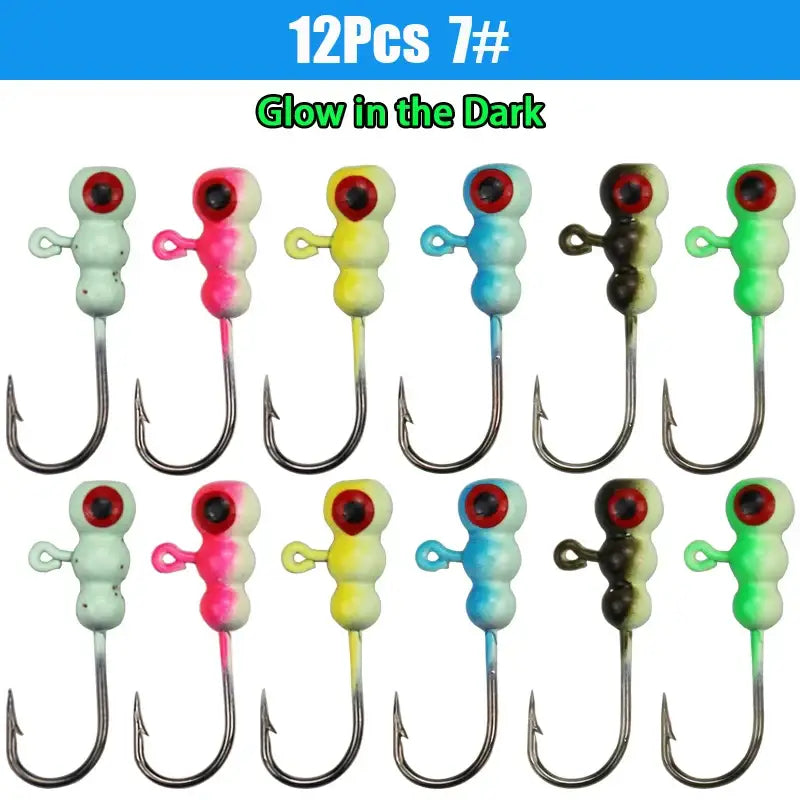 12Pcs glow in the dark colorful ice fishing jigs with various colors and sharp hooks for effective fishing