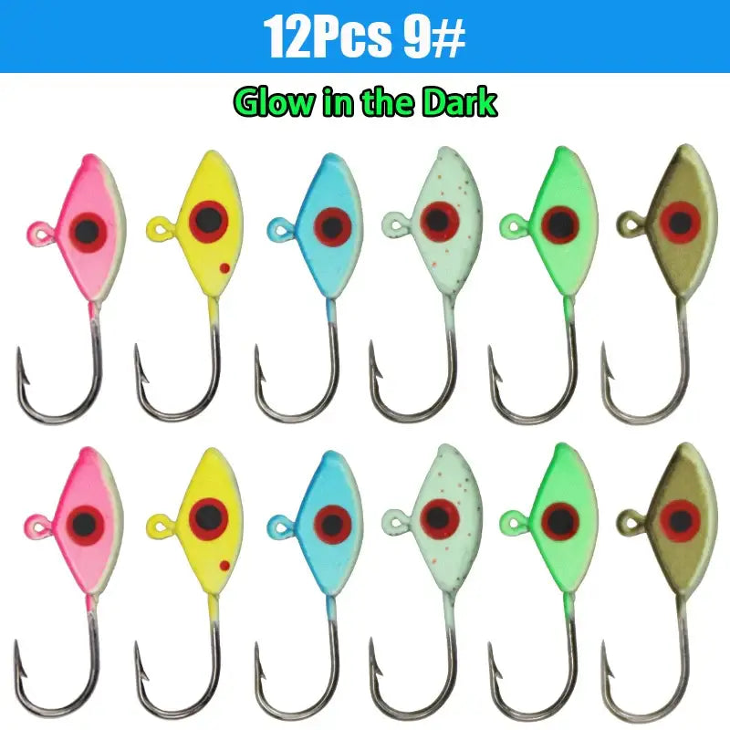 12 colorful ice fishing jigs in various designs, ideal for catching fish during winter angling