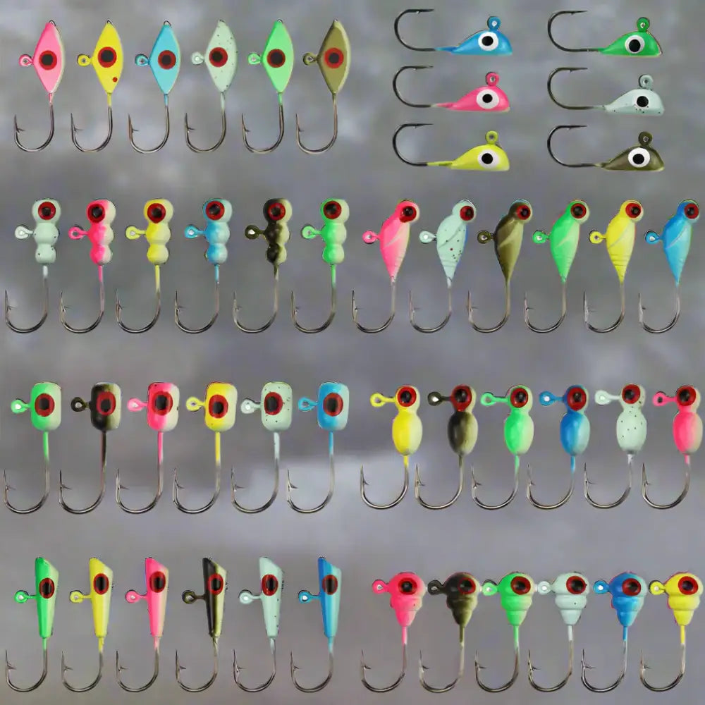 Variety of colorful ice fishing jigs featuring unique designs and vibrant colors for effective winter fishing