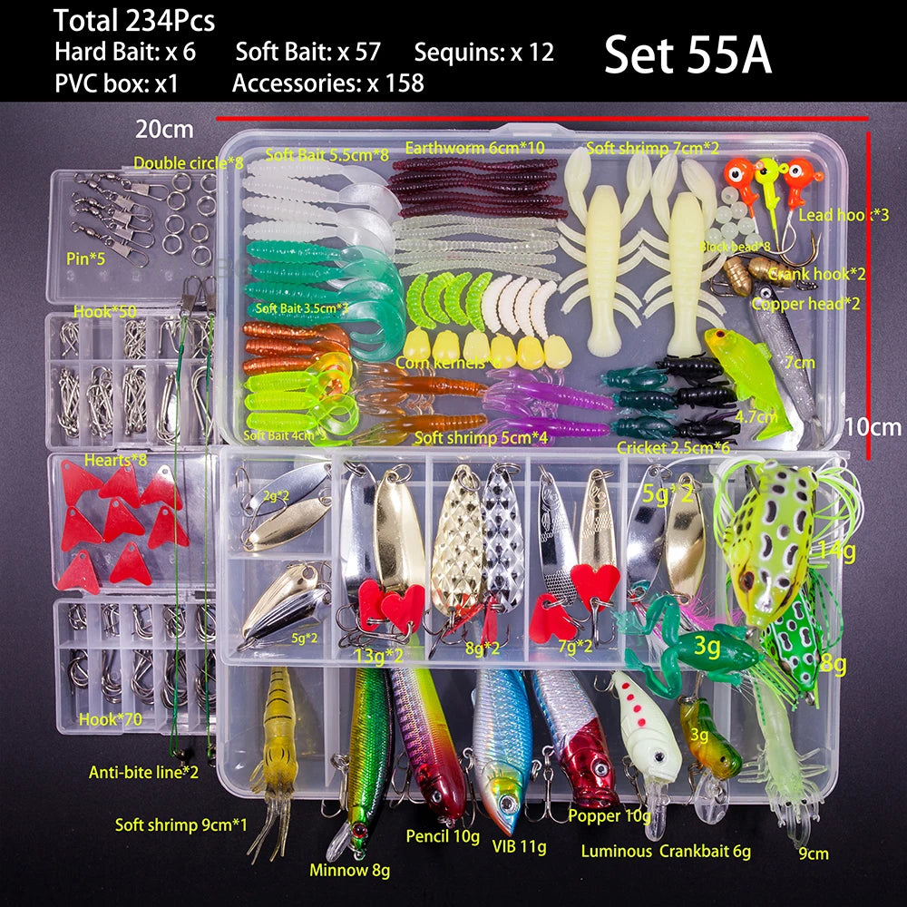 Comprehensive set of fishing lures including 234 pieces, ideal for the best fishing lure kit online