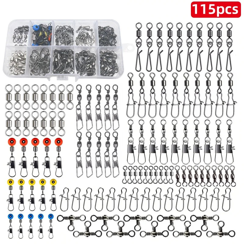 115 piece fishing connector set including various swivels and snaps for versatile fishing setups