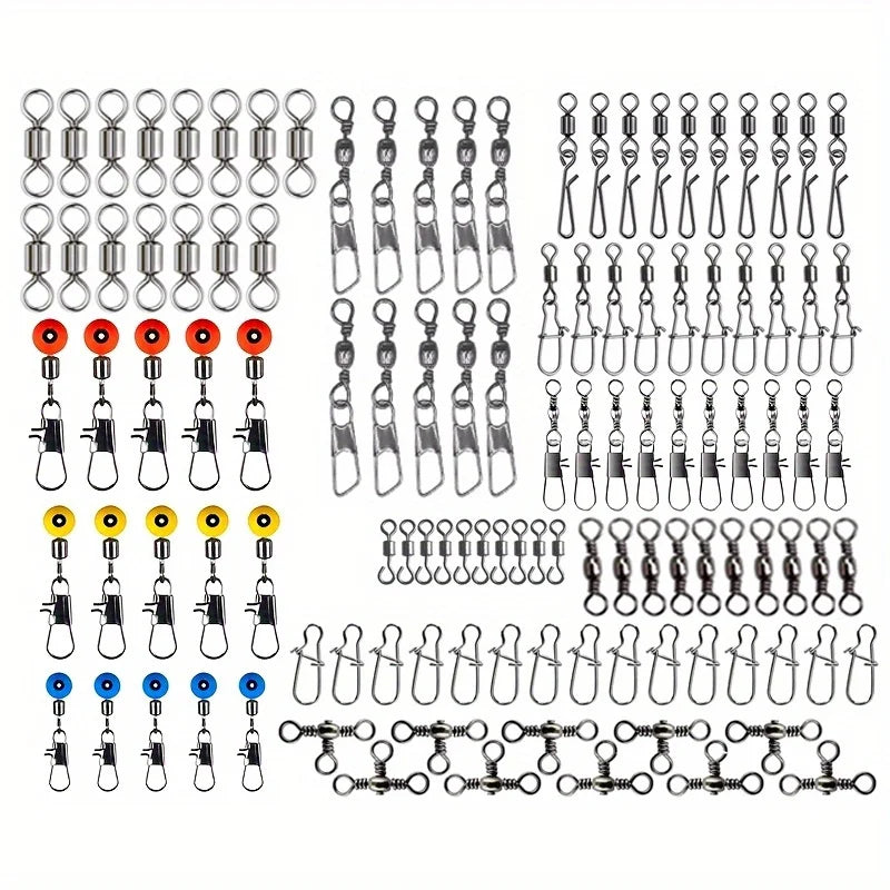 115 piece fishing connector set including various swivel and snap types for versatile fishing needs