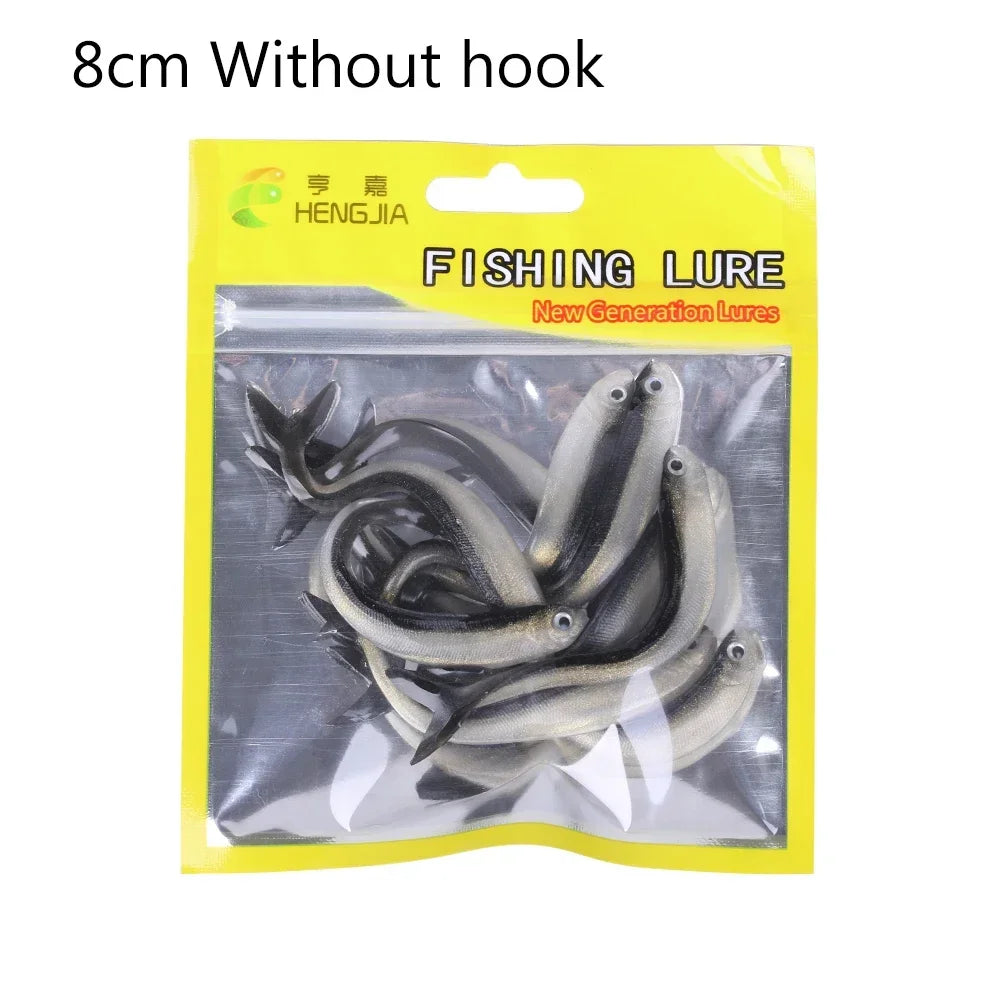 10 piece fishing lures in a clear packaging, featuring black and silver soft bait designs.