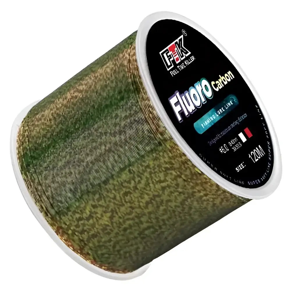 High-performance fluorocarbon fishing line spool in green and brown for stealthy fishing adventures