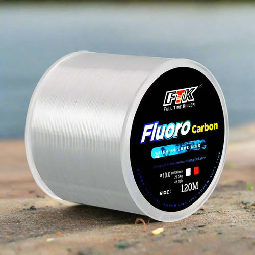 High-performance fluorocarbon fishing line in 120m spool for enhanced underwater visibility and strength
