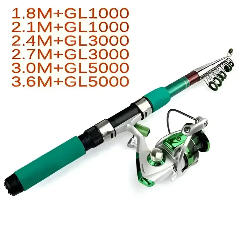 Ghotda collapsible fishing rod with a green handle and spinning reel for versatile fishing adventures