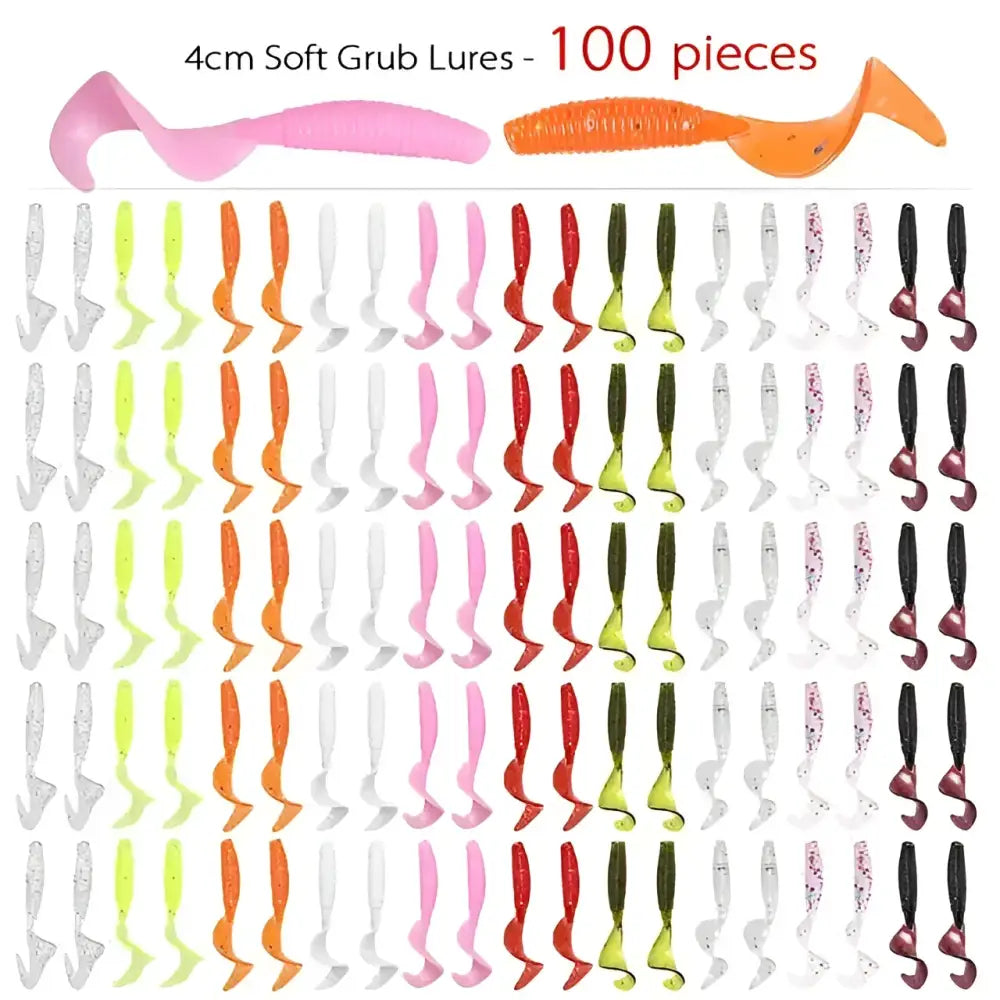 Curly tail fishing lures collection of 100 pieces in various colors and designs for effective fishing