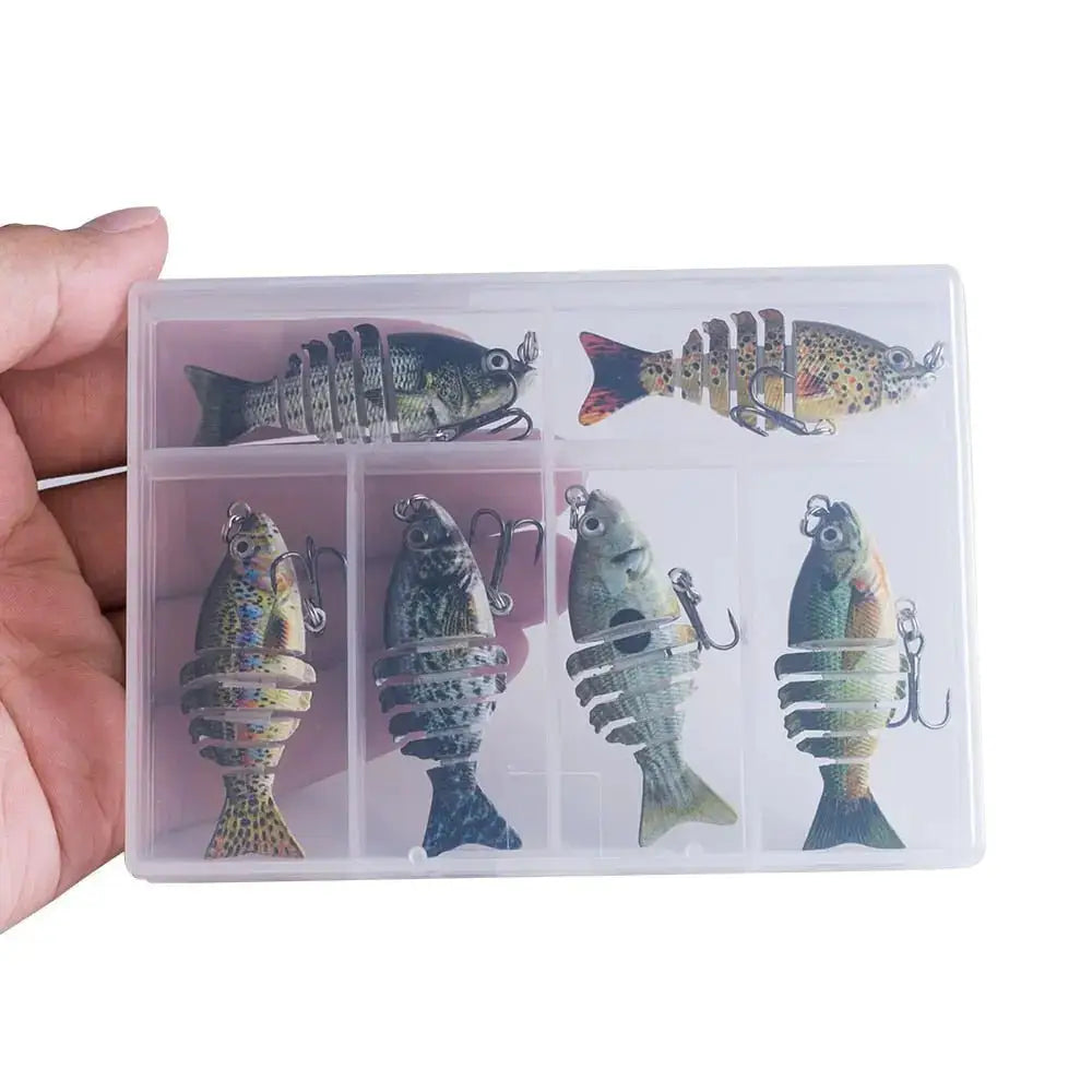 Lifelike multi jointed fishing bait set in transparent case with assorted designs for effective fishing
