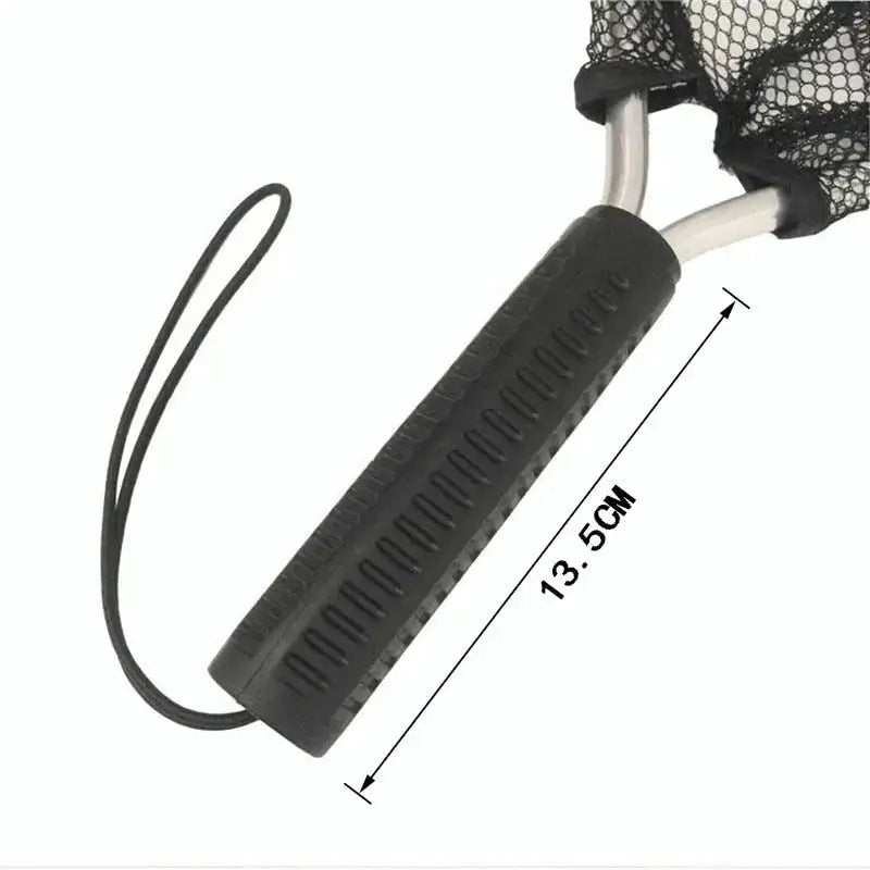 Close-up of a lightweight aluminum fishing net handle with textured grip and measuring 13.5 cm