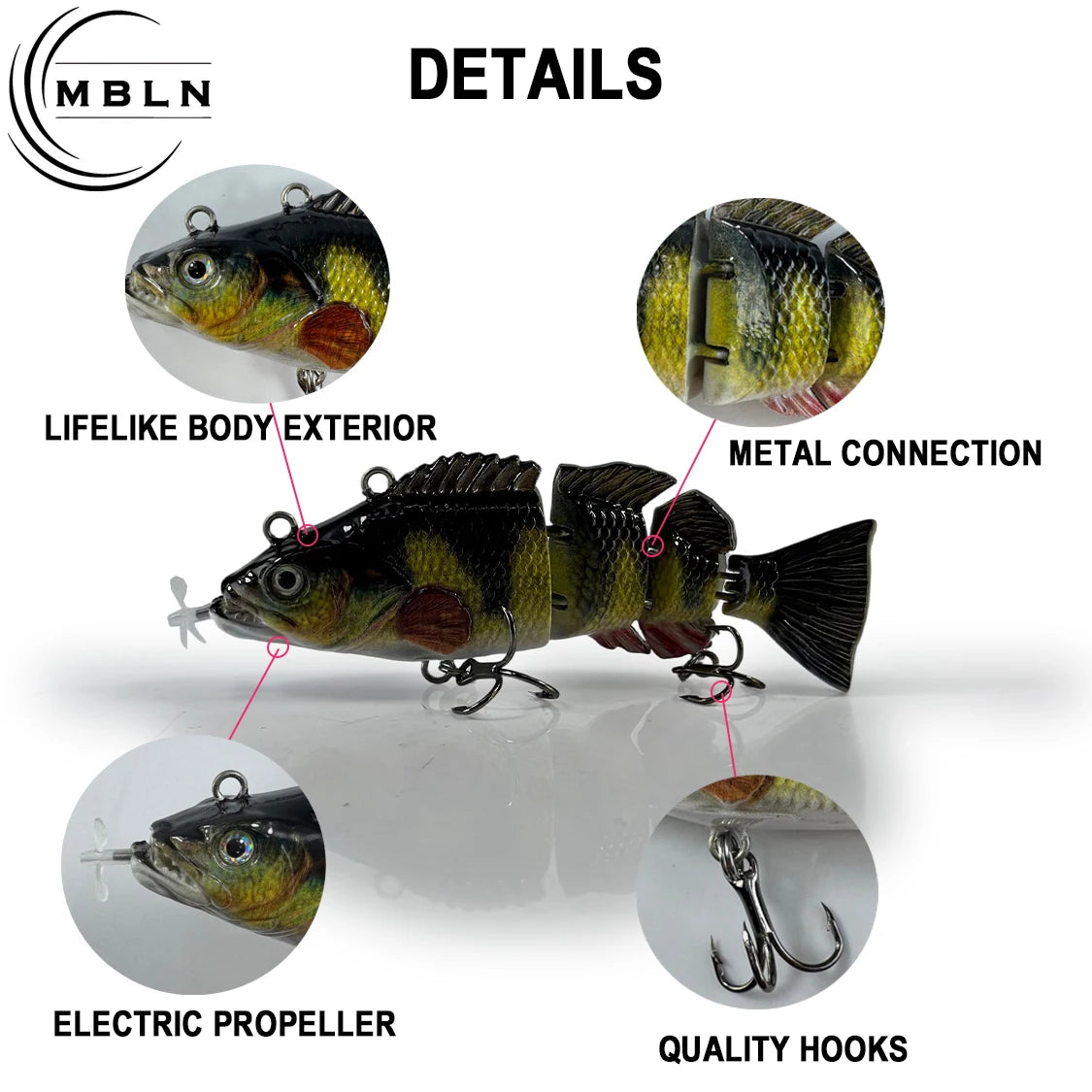 Auto swimming fishing lure for bass with lifelike body, metal connection, electric propeller, and quality hooks