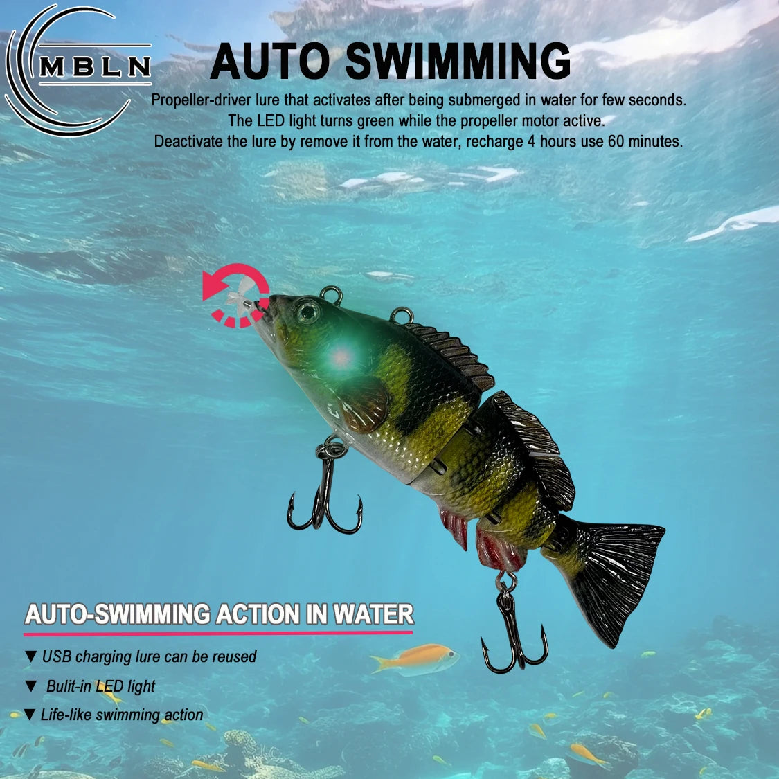 Auto swimming fishing lure for bass with USB charging and built-in LED light underwater