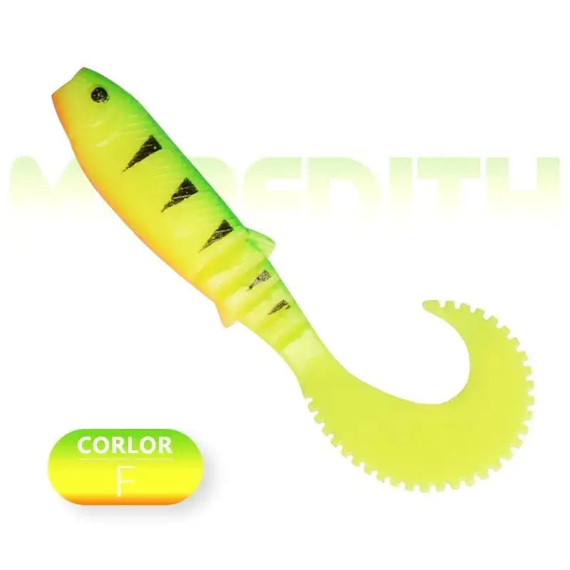 Meredith Cannibal Curved Tail Lure in bright yellow and green, designed for effective fishing