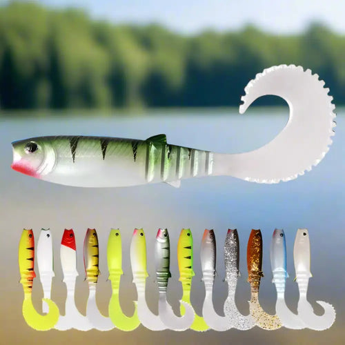 Meredith Cannibal Curved Tail Lure in multiple colors with a unique tail design for effective fishing