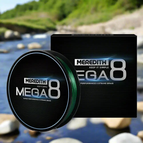 Meredith Mega 8x fishing line in a spool with a nature background for superior fishing performance