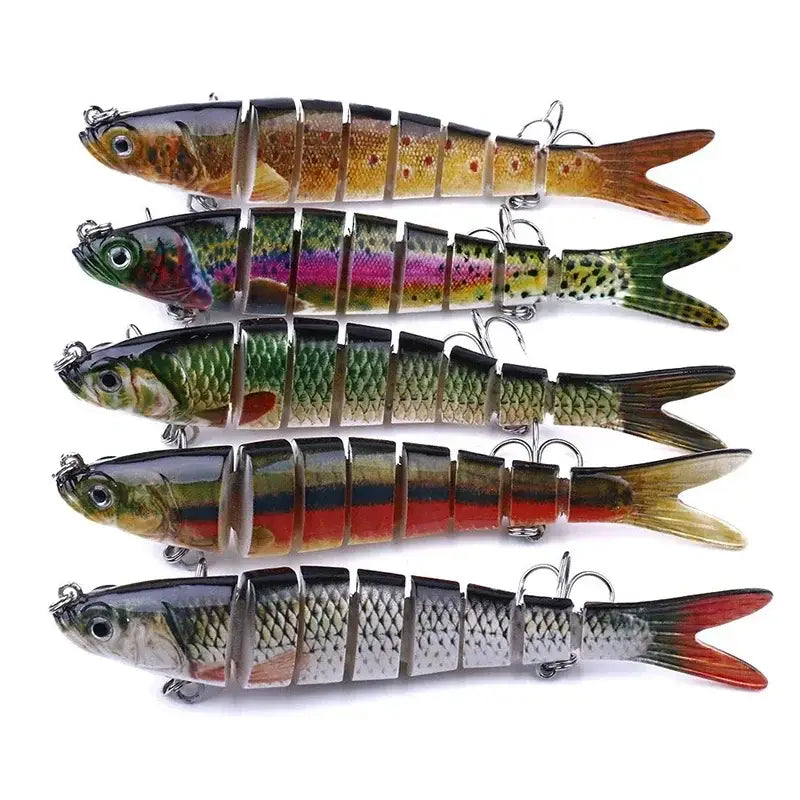 Set of multi-jointed fishing lures in various colors and designs for effective angling