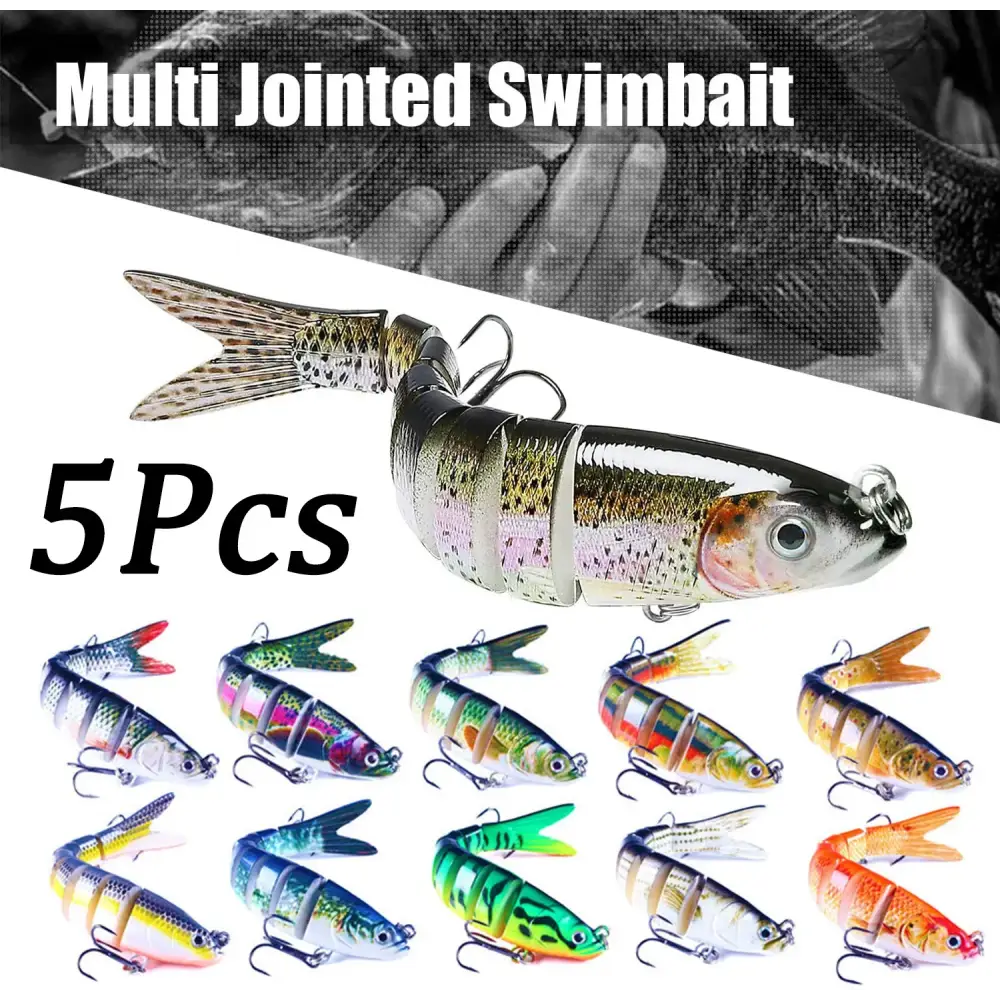 Set of 5 multi-jointed fishing lures in various colors for effective fishing bait