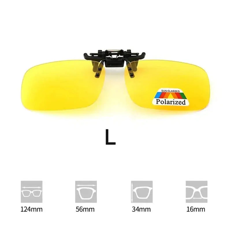 Polarized clip-on sunglasses with a yellow tint, compatible with various frame sizes for enhanced fishing visibility