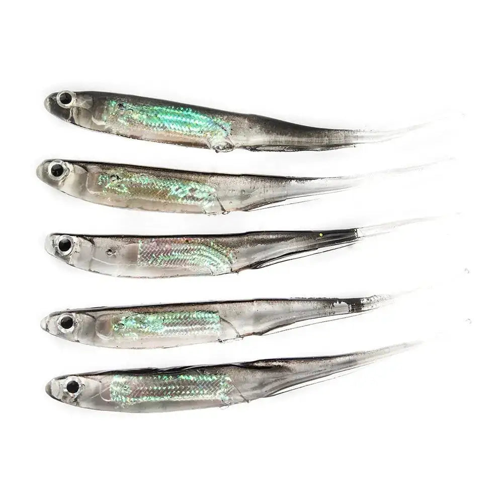 Set of five silver minnow fishing lures with shimmering scales for attracting fish