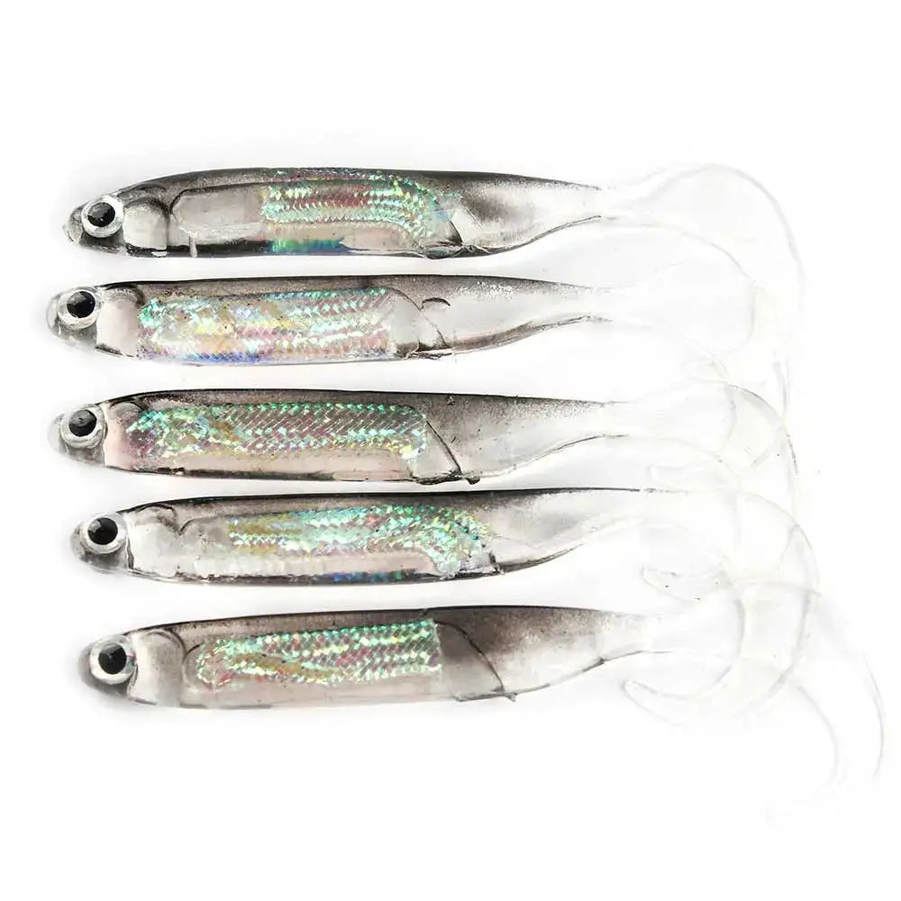 Five silver minnow fishing lures with iridescent detailing for effective freshwater or saltwater fishing
