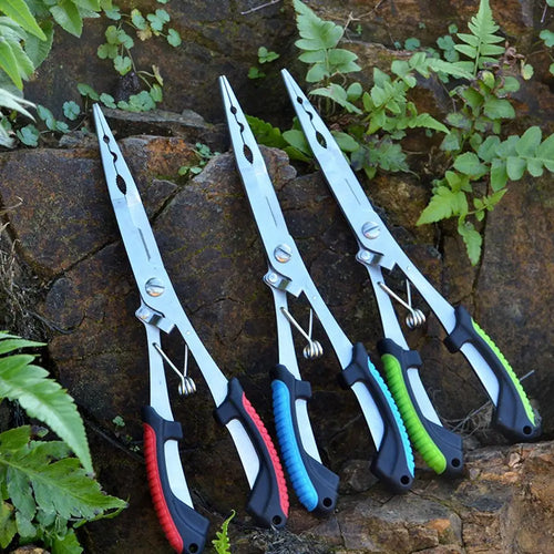Stainless steel fishing pliers set with ergonomic handles for better grip and durability