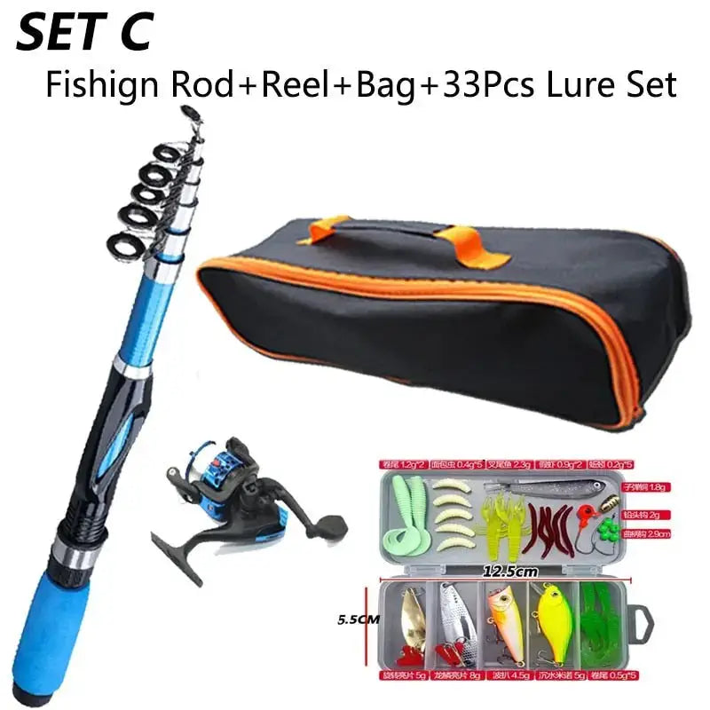 Fishing rod and tackle combo featuring a reel, carry bag, and 33-piece lure set for anglers