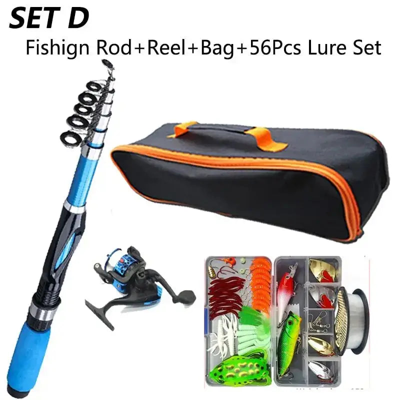 Fishing rod and tackle combo including rod, reel, bag, and 56 lures for fishing adventures