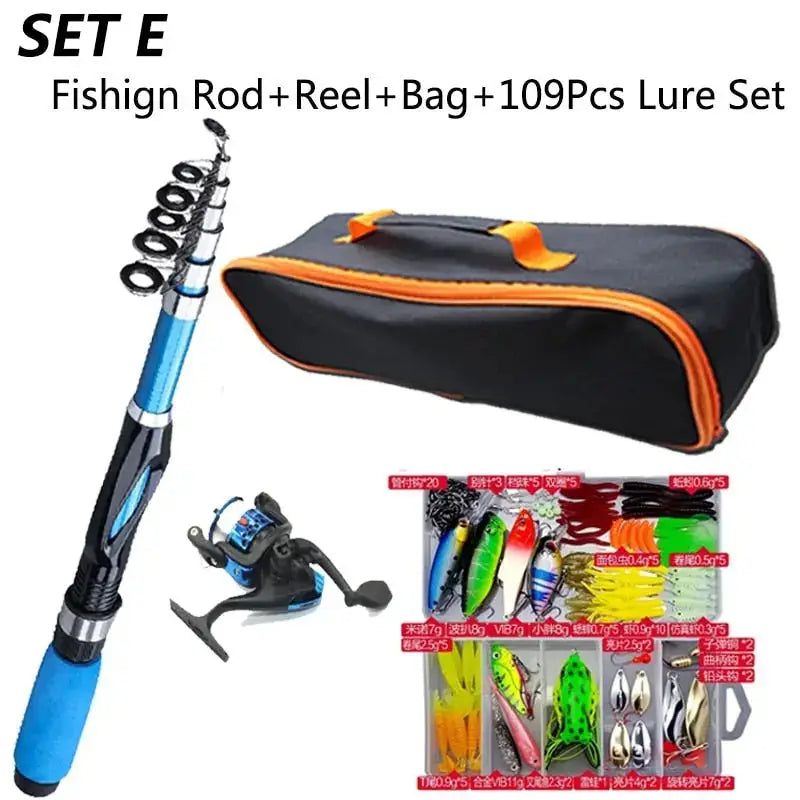 Fishing rod and tackle combo with reel, bag, and 109pcs lure set for anglers