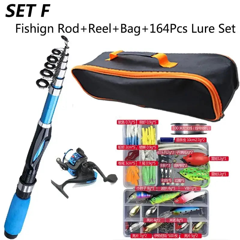 Fishing rod and tackle combo including a blue fishing rod, reel, bag, and 164 pcs lure set