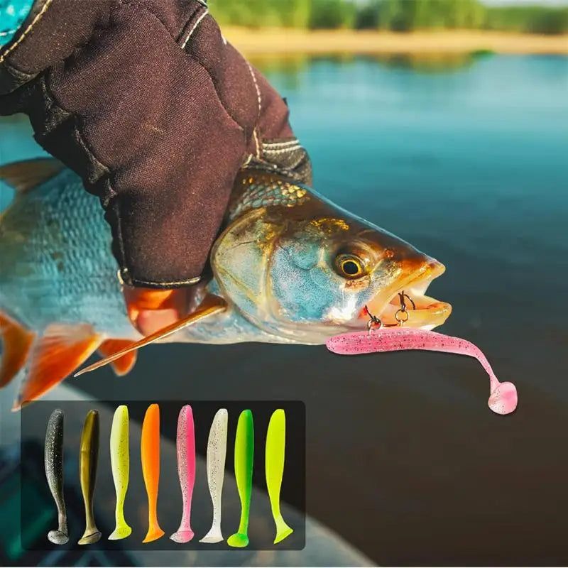 Soft fishing lures kit displayed with colorful lures for effective fishing adventures