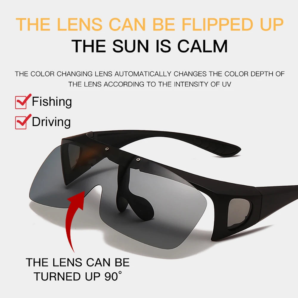 Polarized fishing sunglasses with flip-up lenses for UV adjustment and enhanced visibility while fishing