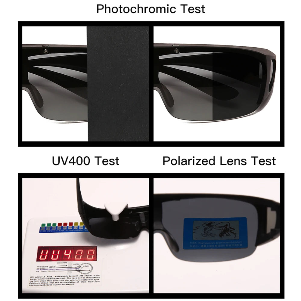 Photochromic and UV400 tests for polarized fishing sunglasses showcasing lens performance