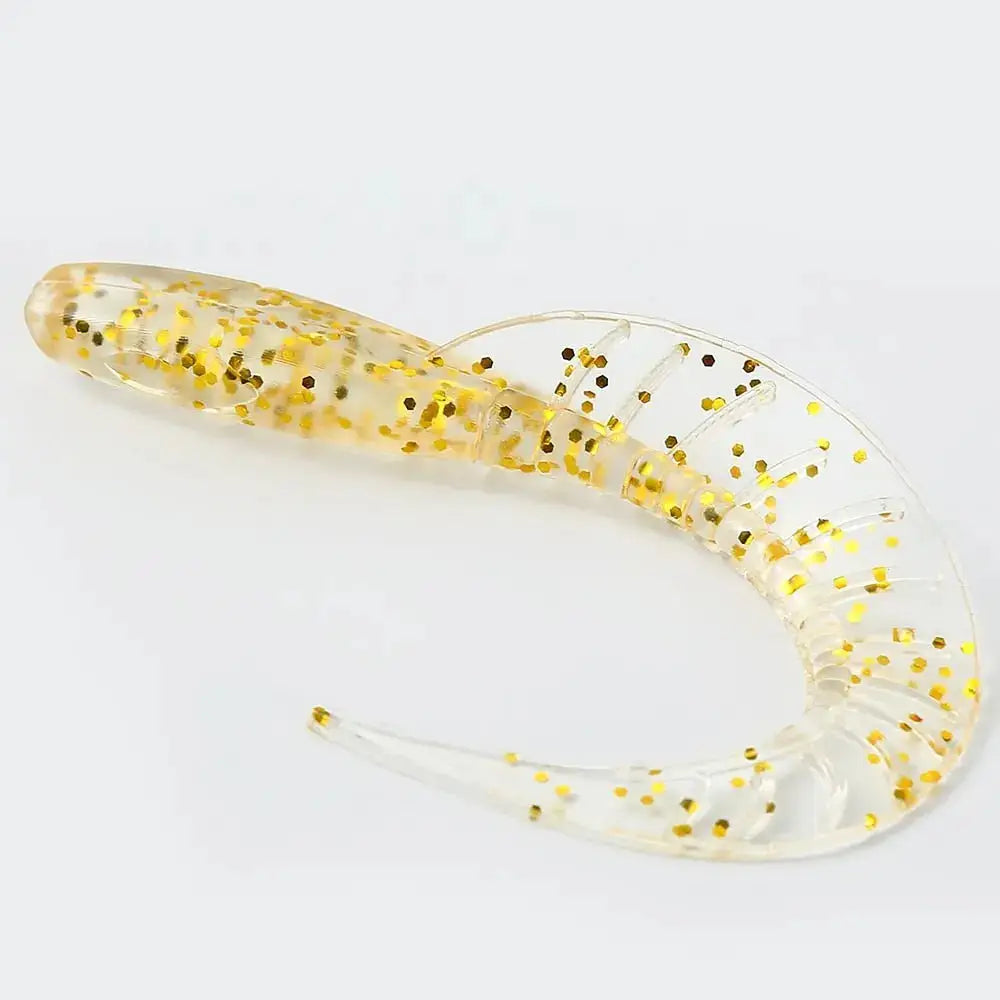 Clear, glittery, curly fishing lure.