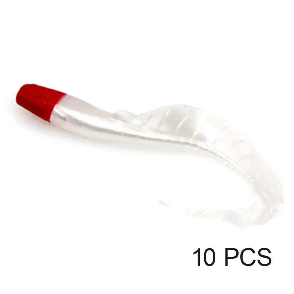 White fishing lure with red tip.