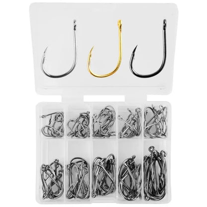 Fishing hooks in a plastic container.