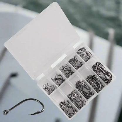 Fishing hook assortment in a plastic case.