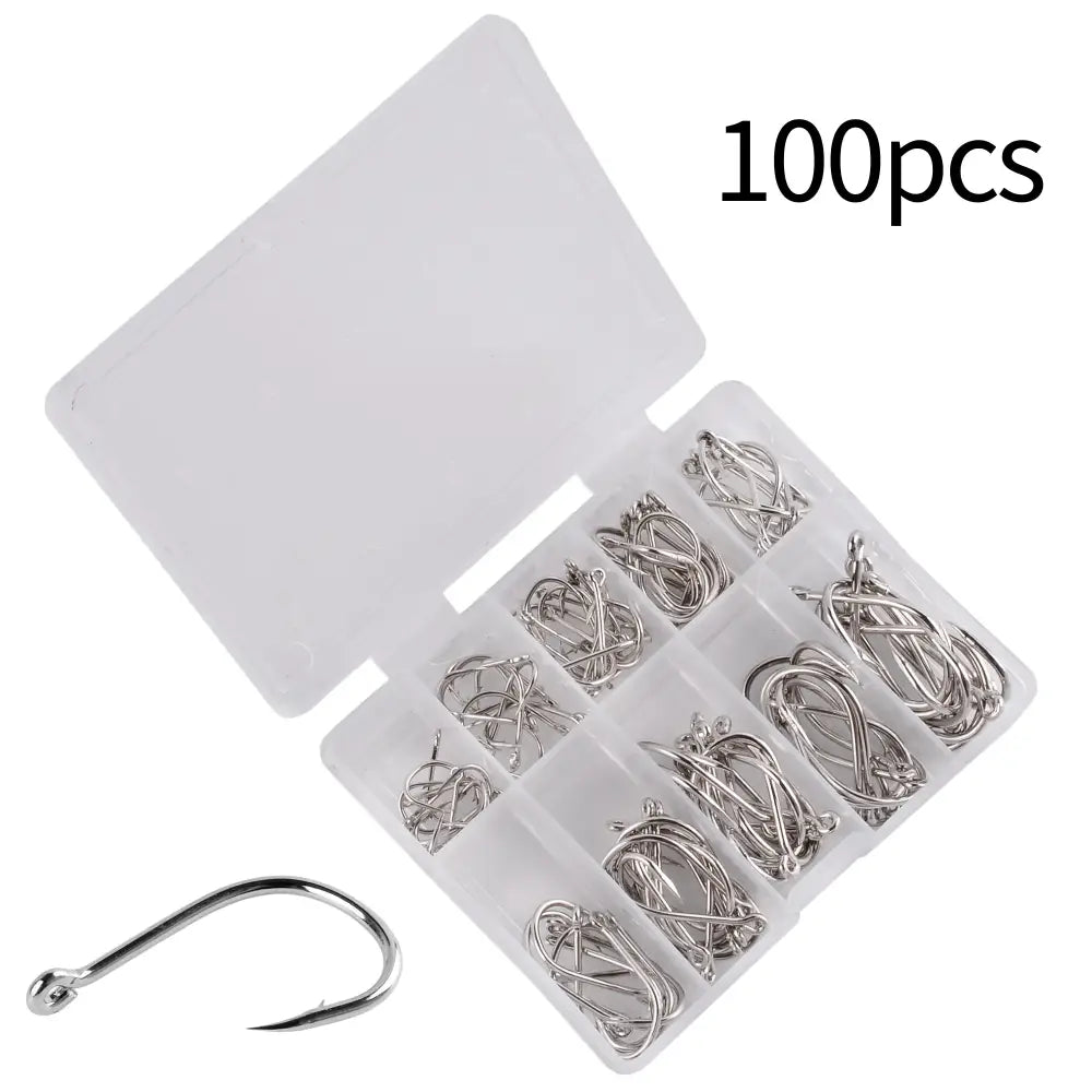 Fishing hook assortment in a plastic case.