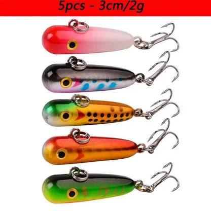 Five colorful fishing lures.