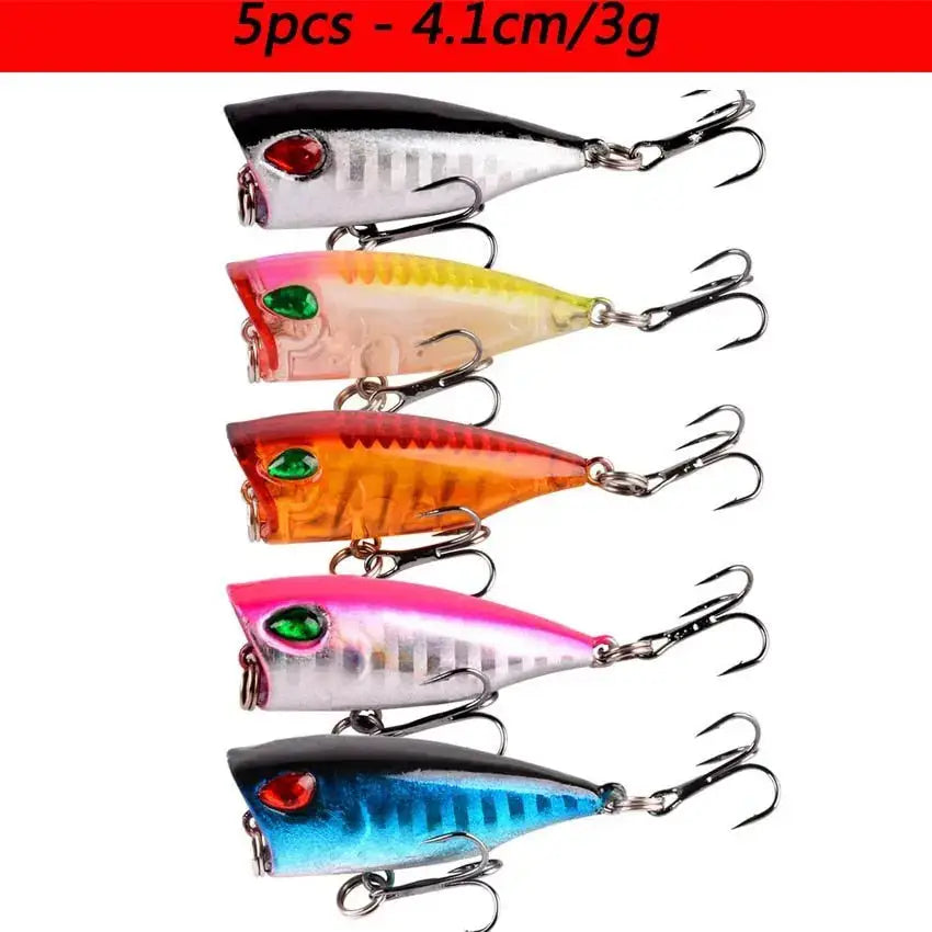 Colorful fishing lures with treble hooks.