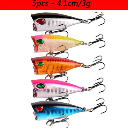 Colorful fishing lures with treble hooks.