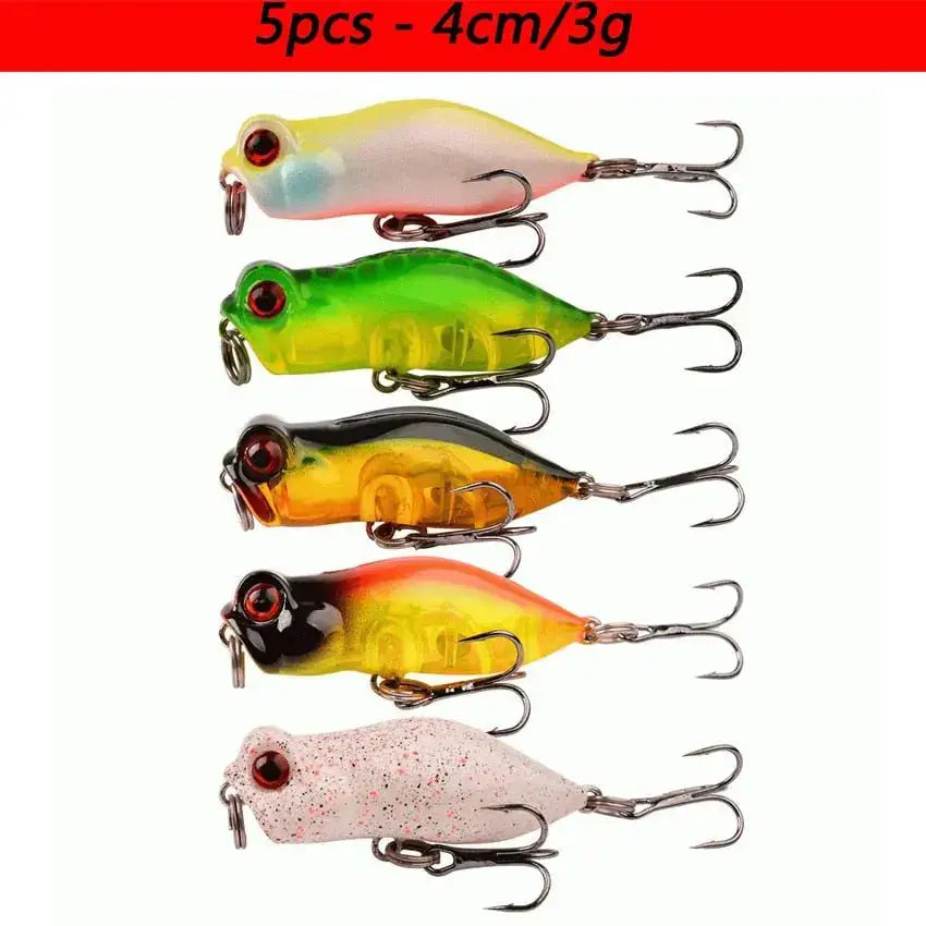 Five frog-shaped fishing lures.