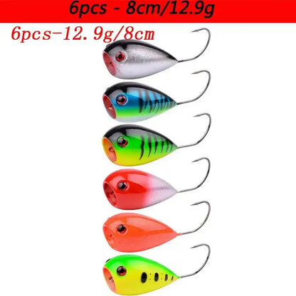 Colorful fishing lures with hooks.