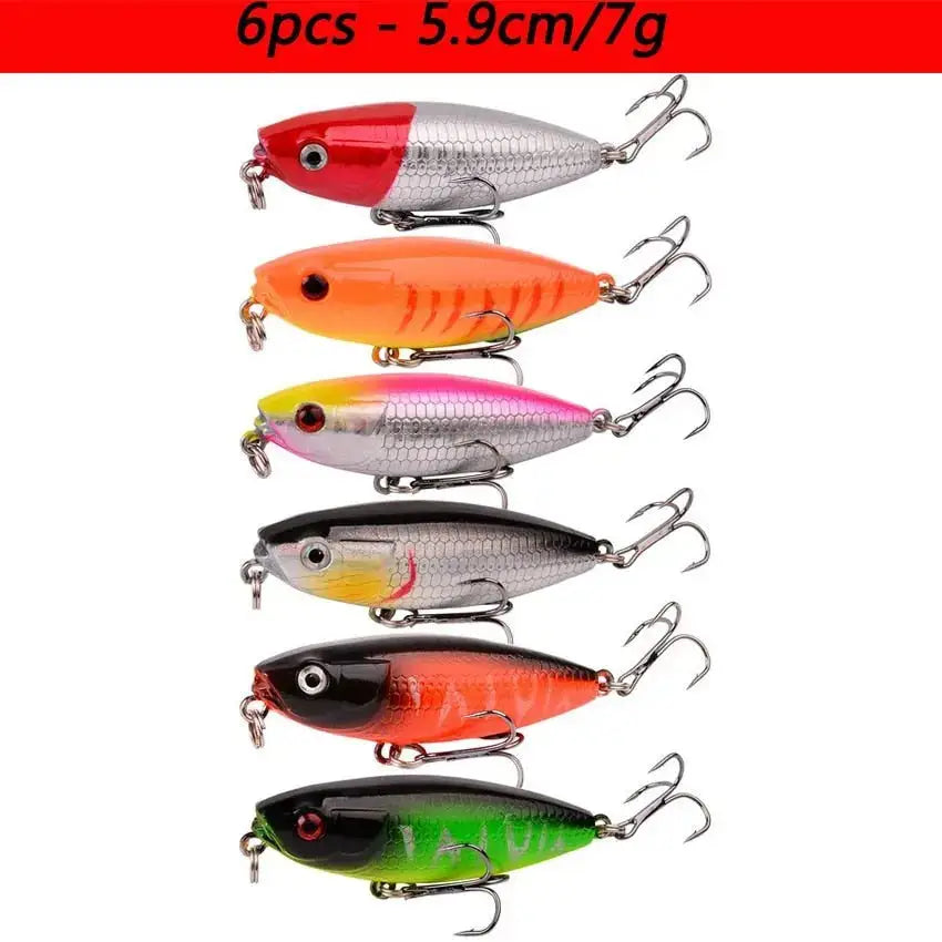 Colorful fishing lures with treble hooks.