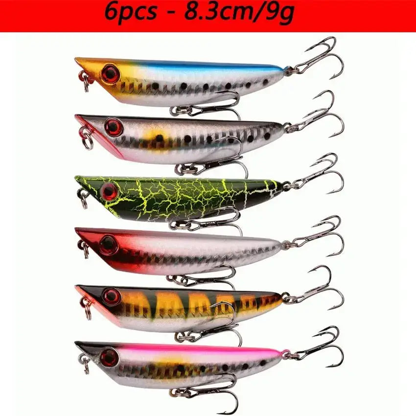 Six colorful fishing lures.