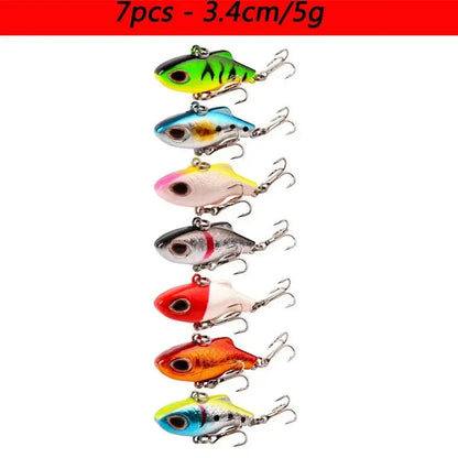 Seven colorful fishing lures.